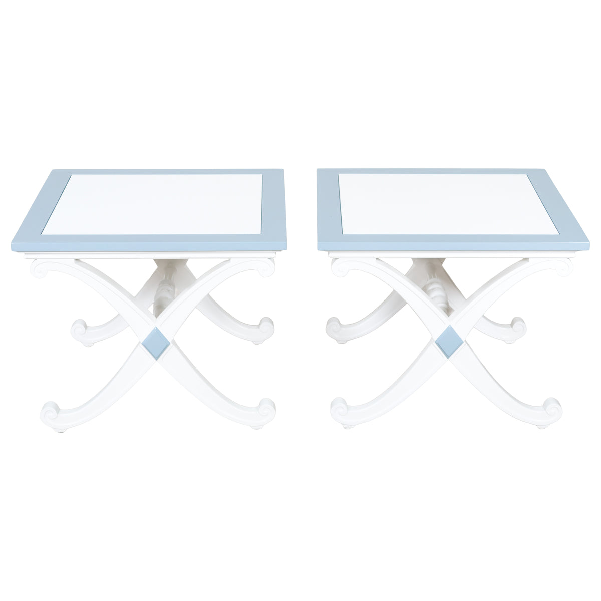 Pair of X Base End Tables Refinished in Meditative Blue & White Dove ...